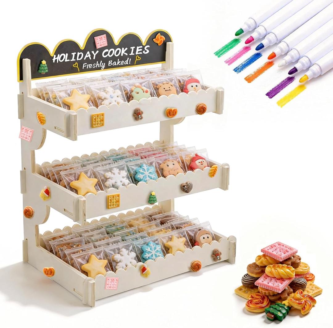 3 Tier Cookie Display Stand, Wooden Cookie Stand with Chalkboard Sign and Miniature Food Models for Decoration, Tiered Cookie Display for Bakeries, Markets, Events, Cupcakes and Pastries