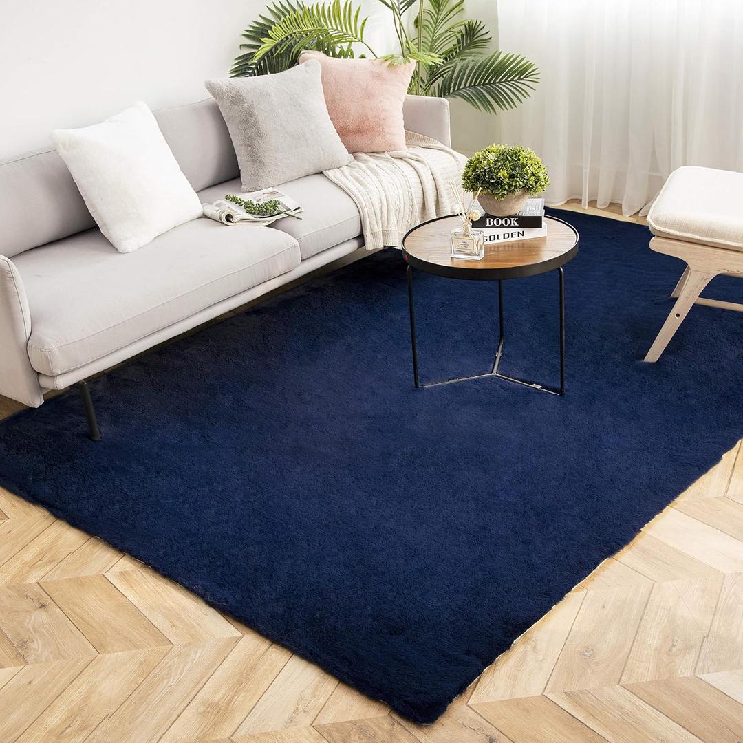 Ashler Faux Fur Rug, Ultra Soft Faux Rabbit Fur, Dark Blue Area Rugs, 6 x 9 Feet Rectangle, Machine Washable Nursery Decor Throw Rugs for Bedroom, Kids Room, Living Room