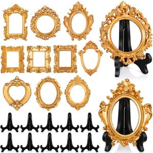 Remerry 10 Pcs Vintage Picture Frame Antique Mini Frame Small Photo Display Miniature Tiny Resin Jewelry Display 4 Inch Black Plastic Stand for Home Wedding(Gold)