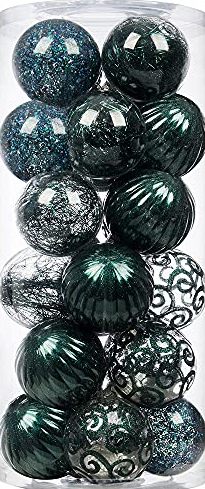 XmasExp 24ct Christmas Ball Ornaments Set -Large Clear Plastic Shatterproof Xmas Tree Ball Hanging Baubles Stuffed Delicate Glittering for Holiday Wedding Xmas Party Decoration (70mm/2.76",dark green)
