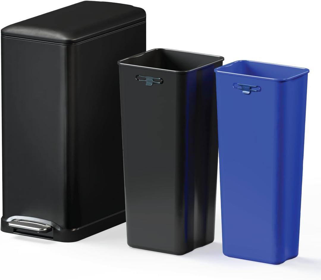 Home Zone Living 13 Gallon Slim Kitchen Trash Can with Dual Compartments for Recycling, Stainless Steel, Black, 50 Liters Total