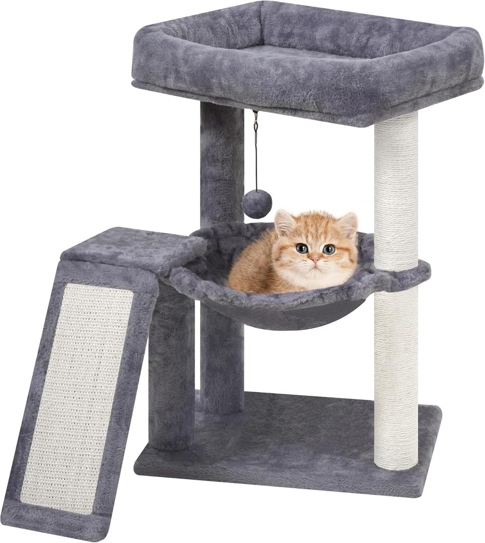 YOUPET Cat Tree with Cat Scratching Post for Indoor Cats, Cat Tower with Scratching Board and Playful Toy Balls, Cat Tree Tower with Cozy Hammock,Grey (25.59")