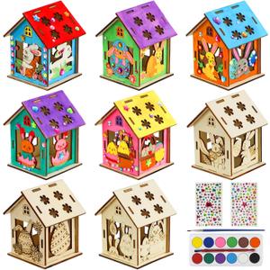 8Pcs Easter Crafts Wooden House with 12 Paint, Easter Arts and Crafts for Boys Girls Ages 3 4 5 6 7 8 12 Years Old, Adults DIY Easter Painting Crafts Kit Activities Bulk Supplies with Easter Egg Bunny