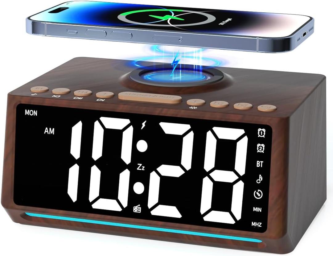 Retro Wooden Alarm Clock Radio for Bedroom with Large Numbers, Bluetooth Speaker, Wireless Charger Station for iPhone / Samsung, Dimmer, 7 Lights, 10 Natural Sounds, Bedside FM Radio Clock, Wood Dcor
