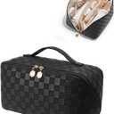 EACHY Travel Makeup Bag,Large Capacity Cosmetic Bags for Women,Waterproof Portable Pouch Open Flat Toiletry Bag Pattern Makeup Bag (BE-Black)