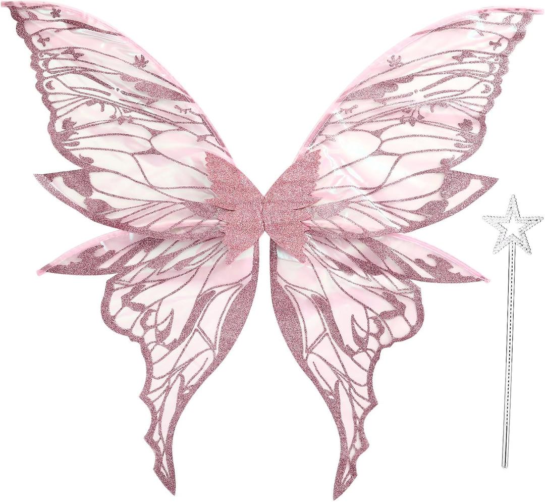 Fairy Wings for Adults Women 31.5"x29.5" Fairy Costume Set Large Butterfly Wings for Halloween Party (Pink)