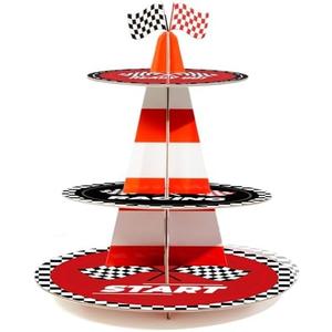 xbaiyanr 3-Tier Racing Traffic Cones Cupcake Stand for Race Car Birthday Party Decorations,Race Car Party Supplies, Paper Rounded Table Centerpiece for Cakes, Muffins, Macaroons