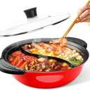 Hot Pot with Divider for Induction Cooker Dual Sided Soup Cookware Two-flavor Chinese Shabu Shabu Pot for Home Party Family Gathering, 4.5 Quart (Red)