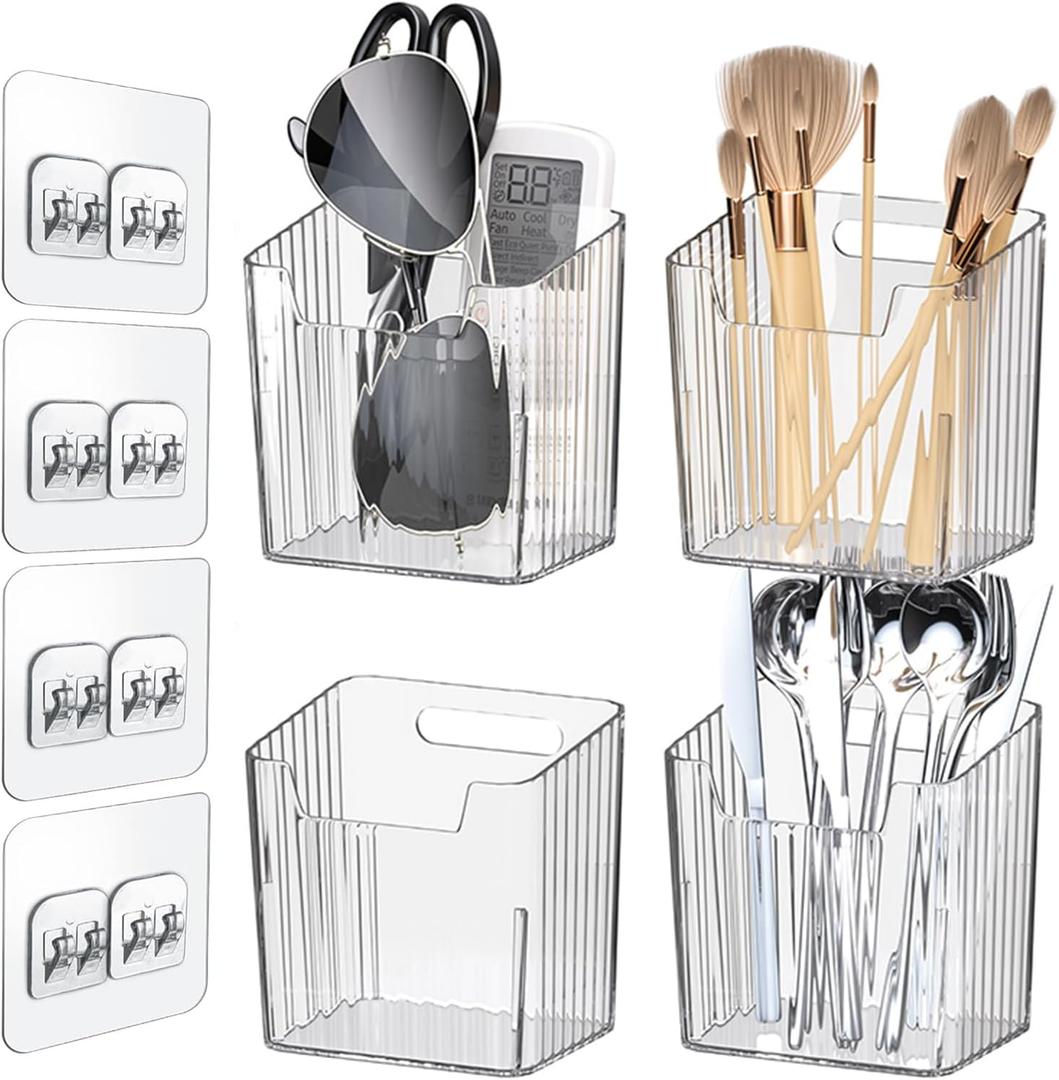 4 Pack Wall Organizers and Storage - Clear Acrylic Cabinet Door Organizer Bins, Adhesive Remote Control Holder, Space-Saving Stackable Wall Storage for Bathroom, Kitchen, Pantry, RV, Dorm, Office