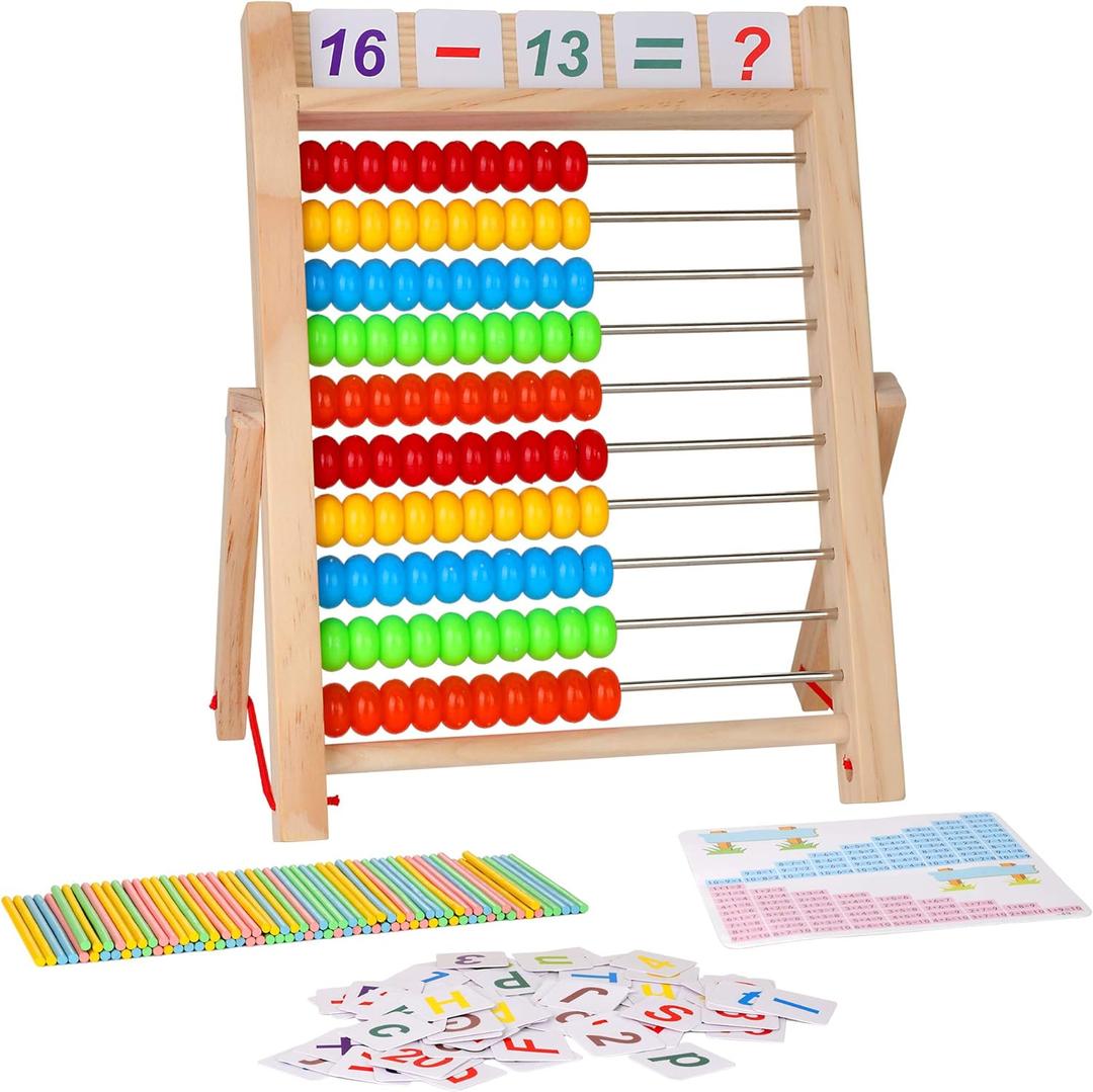 KIDWILL Preschool Math Learning Toy,10-Row Wooden Frame Abacus with Multi-Color Beads, Counting Sticks, Number Alphabet Cards, Gift for 2 3 4 5 6 Years Old Toddlers Boys Girls