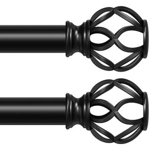 2 Pack Curtain Rods for Windows 48 to 84 Inch, Matte Black Decorative 1 Inch Window Treatment Rods with Aluminium Twisted Cage Finial, Adjustable Heavy Duty Metal Farmhouse Drapery Pole