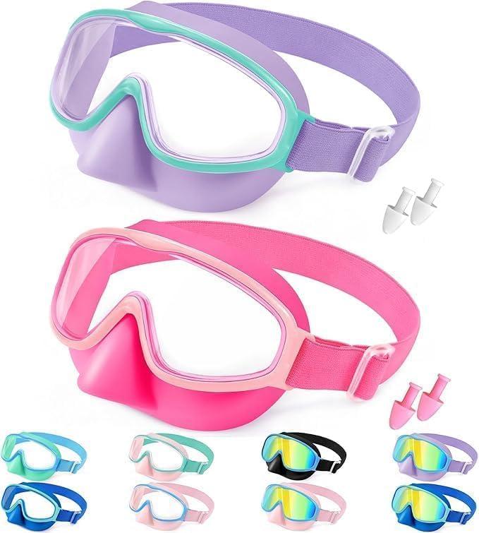 Vvinca Kids Swim Goggles with Nose Cover Comfort Fabric Strap, Wide View Diving Mask Anti-Fog/UV Swimming Goggles for 3-12