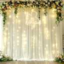 10x10ft Ivory White Chiffon Backdrop Curtain with Lights String for Wedding Sheer Tulle Curtain Photo Backdrops Drapes for Baby Shower Birthday Party Home Ceremony Decorations