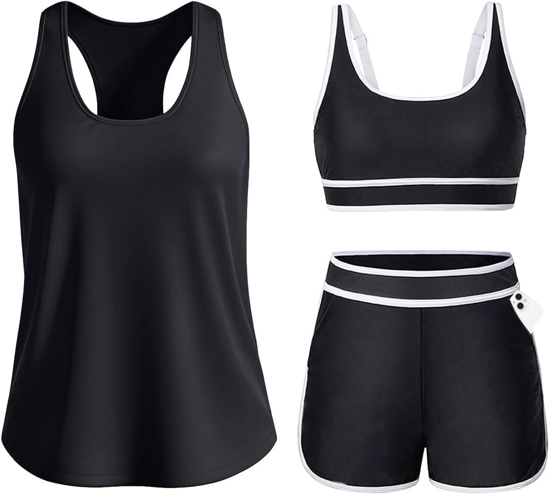Daci Women 3 Piece Tankini Swimsuits - Tummy Control Bathing Suit Sport Bra Modest 2 Pockets Boyshorts 2026 (Black, XXL)