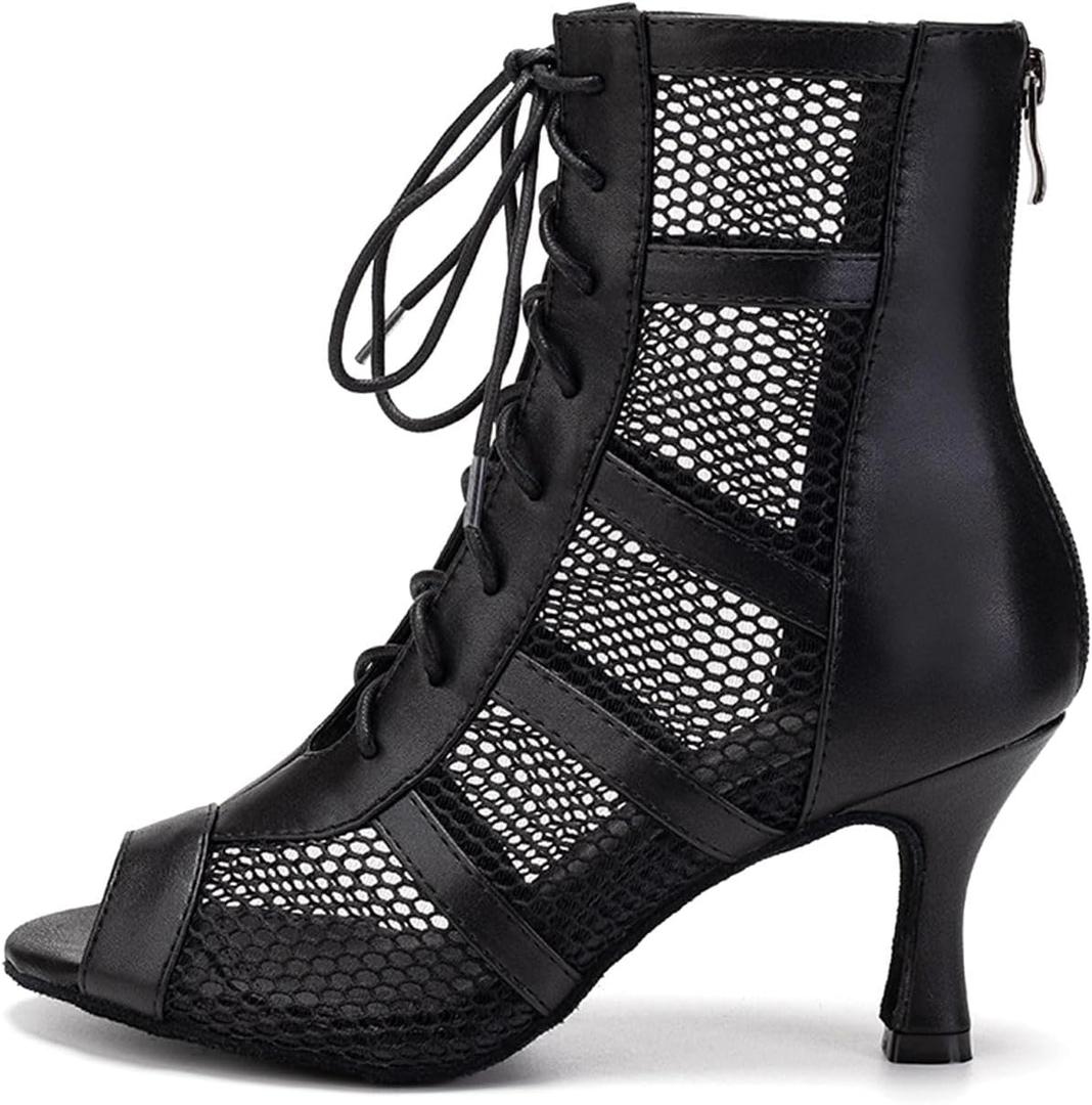 AOQUNFS Latin Salsa Dance Shoes Lace-up Open Toe Ballroom Dance Heel Boots Women (9, Black)