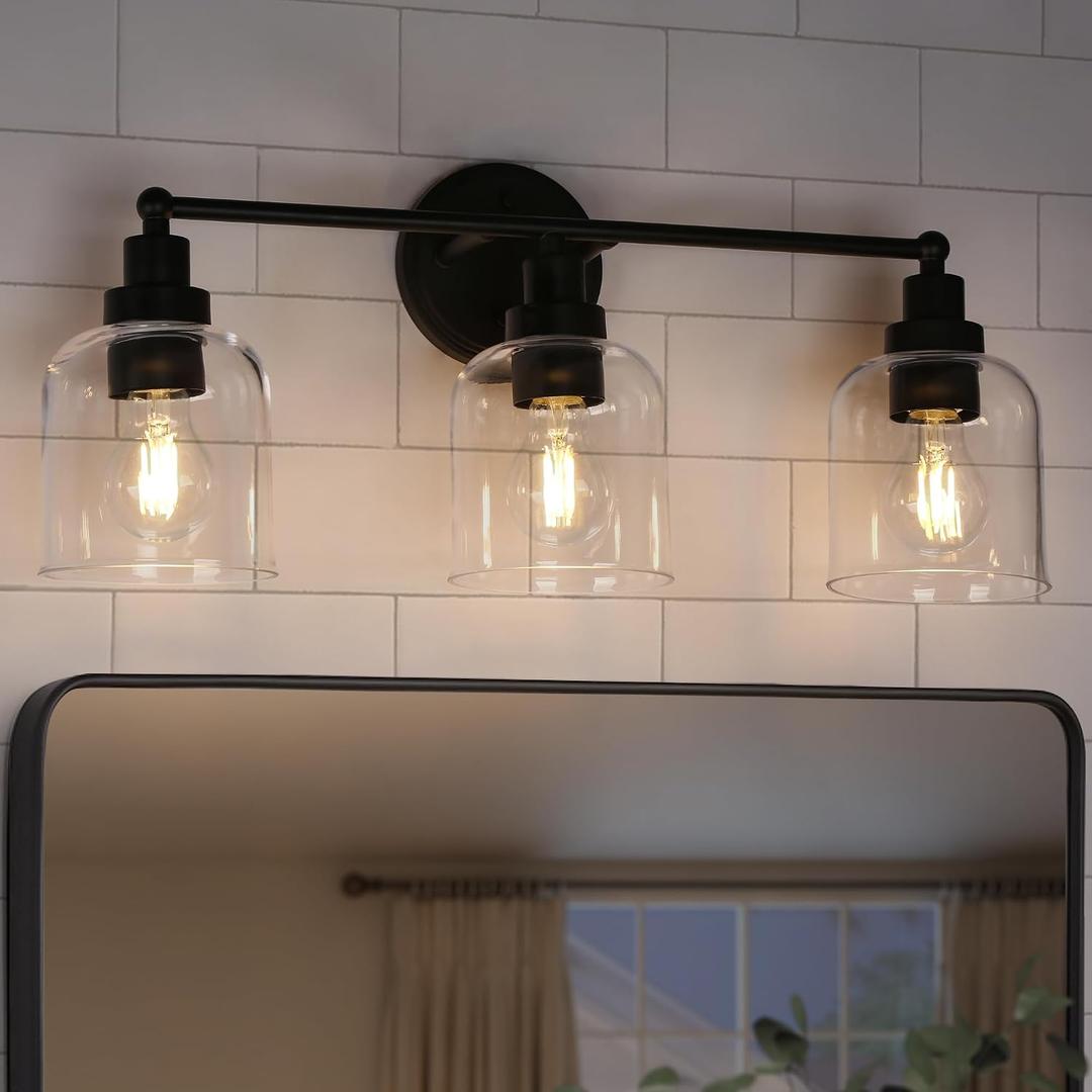 KSANA Modern Bathroom Vanity Lights, 3-Light Vanity Light Over Mirror Farmhouse 22" Black Bathroom Light Fixtures with Clear Glass Shade for Bedroom, Hallway, and Entryway