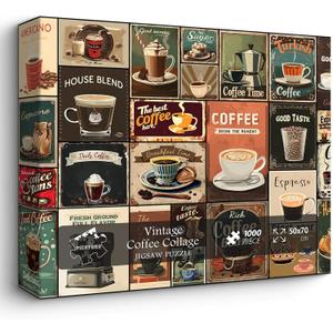 Vintage Coffee Collage Puzzles for Adults 1000 Pieces, PICKFORU Breakfast Food Jigsaw Puzzle Coffee Latte, Hard Difficult Retro Poster Theme for Home Wall Decor