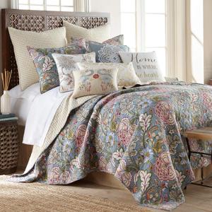 Levtex Home - Angelica Quilt Set - Full/Queen Quilt + Two Standard Pillow Shams - Floral - Aqua Taupe Green Blue Orange Pink Grey - Quilt (88x92in.) and Pillow Shams (26x20in.) - Reversible - Cotton