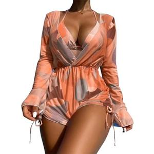 ODASDO Women's Sexy 3 Piece Swimsuits Halter Triangle Bikini Sets with Long Sleeve Mesh Cover Ups Romper Bathing Suits L