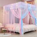 Mengersi Rainbow Canopy Bed Curtains with Lights - Princess Bed Canopy for Girls - Bed Drapes Netting- Bedroom Decoration Accessories,Twin