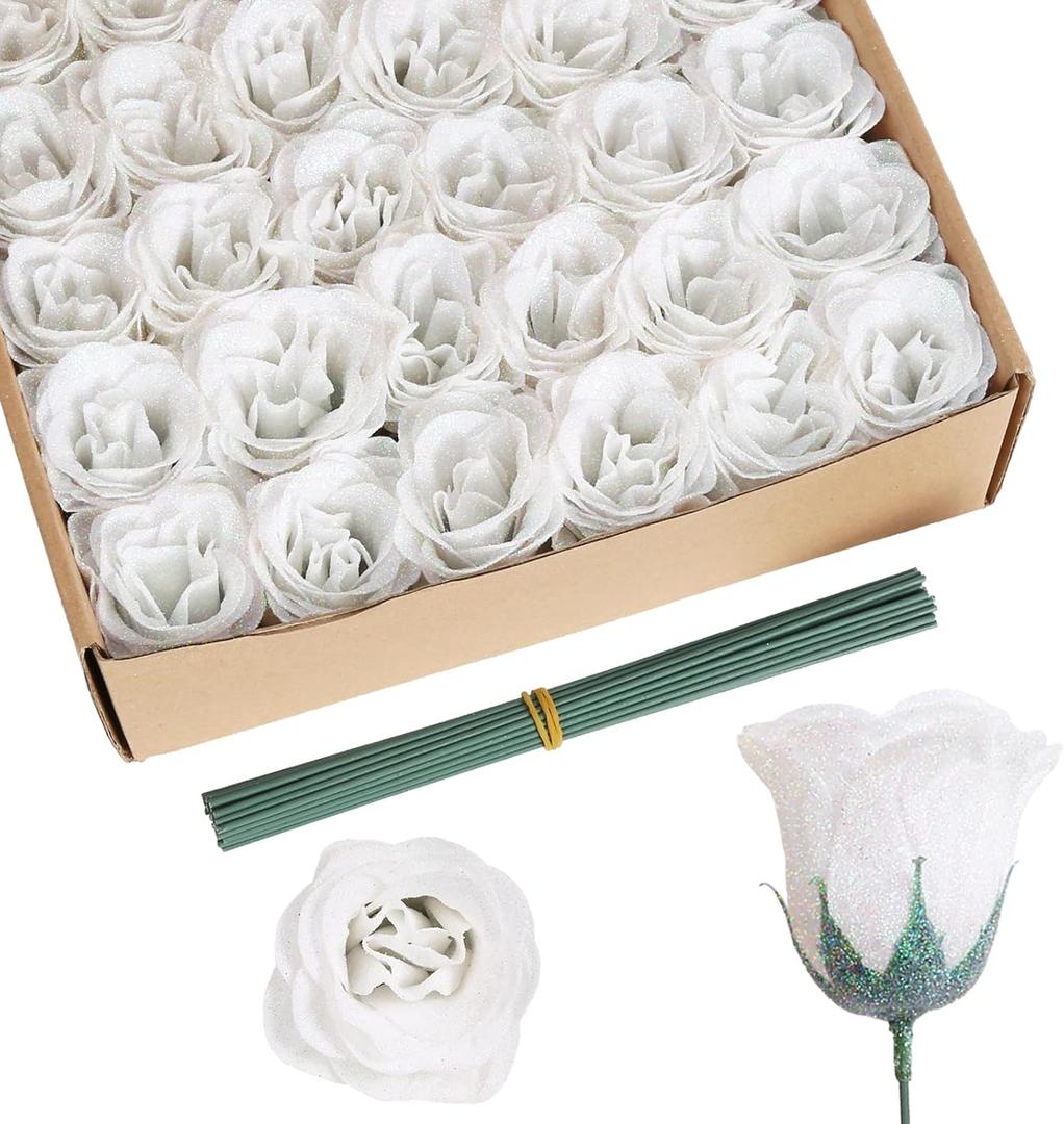 Glitter Flowers,30PCS White Roses Artificial Roses with Stems for Wedding Bouquet Party Christmas Home Decor(White)