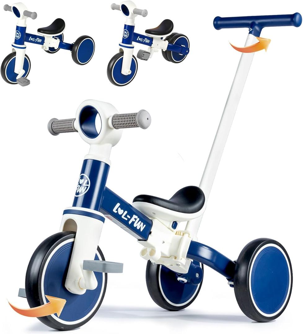 LOL-FUN 5 in 1 Toddler Tricycles for 1-3 Year Olds Boys Girls Toy with Parent Steering Push Handle, Baby Balance Bike 1 Year Old Kids Gift (Blue)