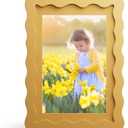 5x7 Picture Frame with Mat for 4x6, Wavy Edge Wooden Real Glass Photo Frame for Tabletop and Wall Hanging, Yellow, 1 Pack