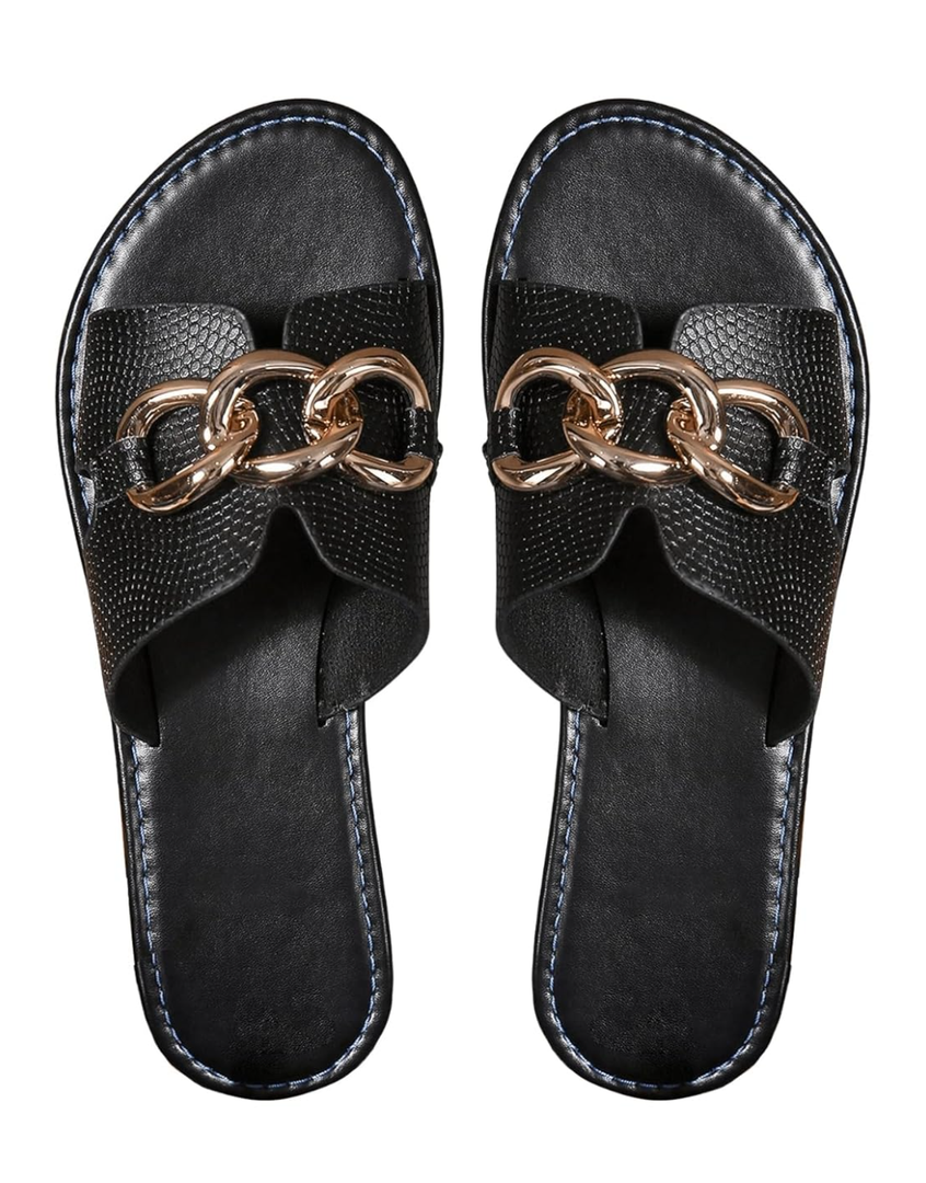 Verdusa Women's Open Toe Chain Flat Sandals Faux Leather Summer Slippers Slip on Slides 39