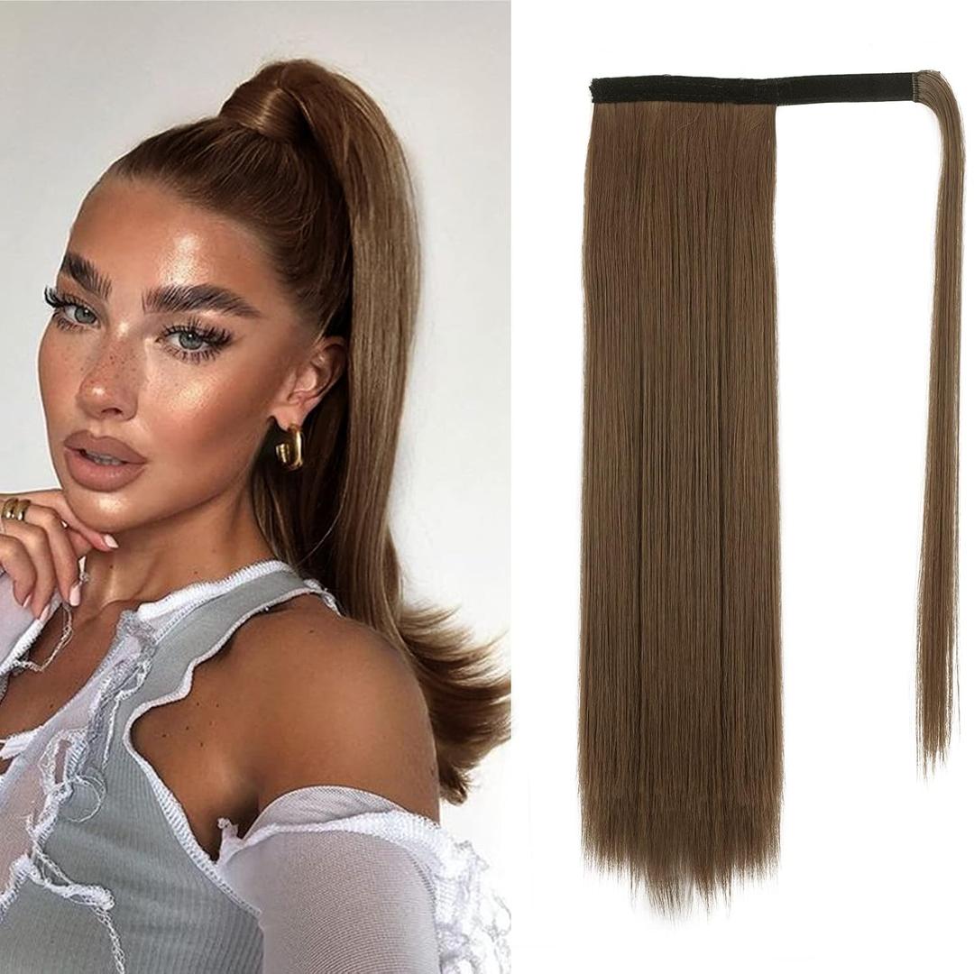 BARSDAR Golden Brown Straight Wrap Ponytail Extensions - 18 Inch Long Straight Wrap Around Ponytail for Women - Synthetic Clip in Brown Pony Tails Hairpieces Daily