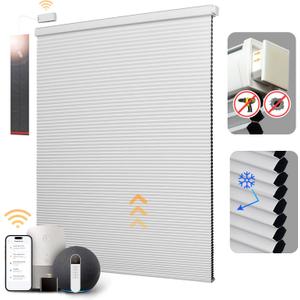 CINONEKO Motorized Cellular Shades with Remote,No Drill Smart Blackout Honeycomb Blinds, Cordless Automatic Electric Window Shade with Solar Panel, Alexa & Google, Rechargable, White 32" W x 64" H