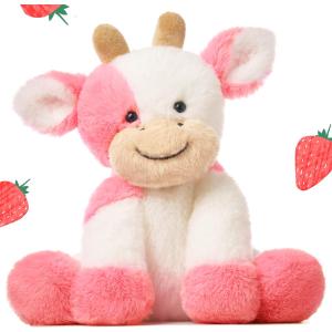 Hopearl Adorable Plush Cow Toy Floppy Dairy Cattle Soft Stuffed Animal Cute Birthday Gifts for Boys Girls Kids Toddlers, Strawberry Pink, 9''