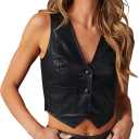Fallorchid Women's Button Up Sleeveless Vest Crop Tops Sexy V Neck Faux Leather Jacket Waistcoat (Black), XL