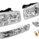 KUAFU Headlight+Corner Light Compatible with 1999-2007 GMC Sierra 1500 2500 3500 C3 1999-2006 Yukon Replacement for 15850351 15850352 Halogen Headlamp Pair Clear Lens Chrome Housing Clear Corner Light