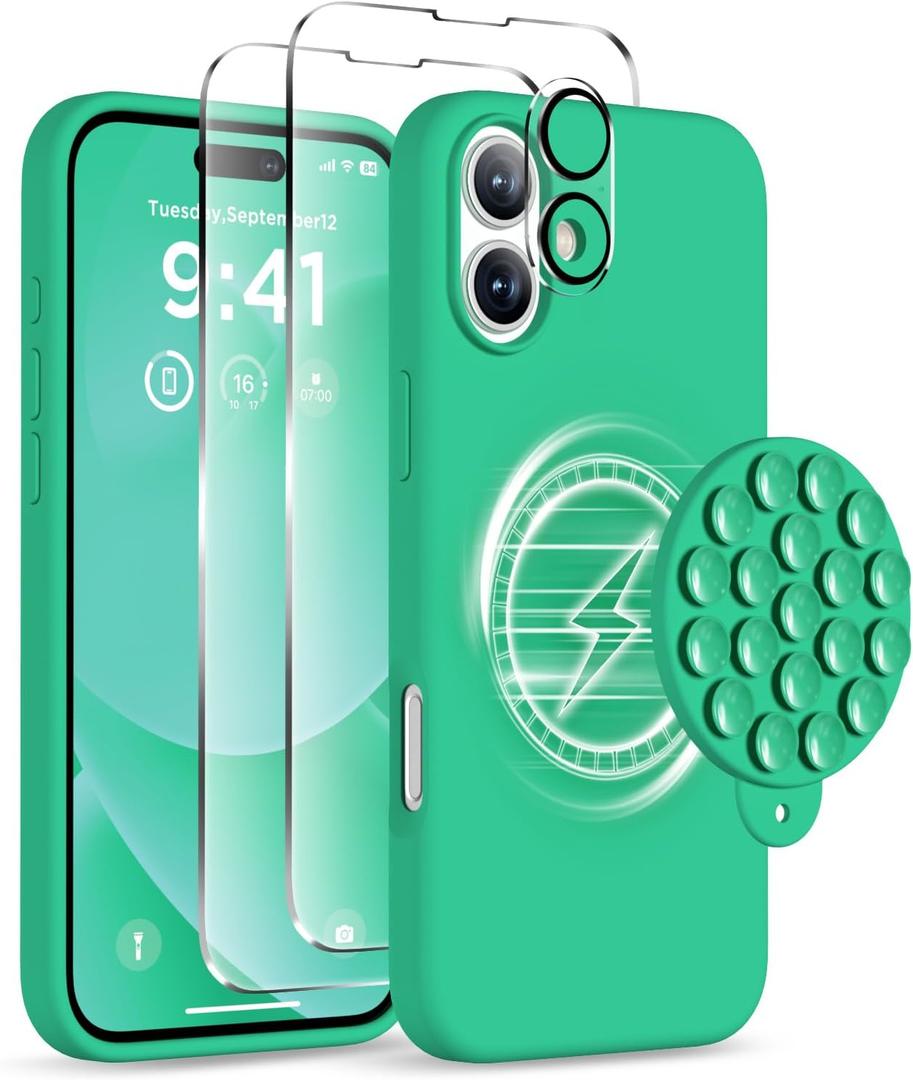 Magnetic for iPhone 16 Case, Compatible with Magsafe, Suction Cup Phone Mount, [2 Screen Protectors][Camera Lens Protector] Silicone Shockproof Protective Slim Phone Cover 6.1", Emerald Green