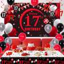 17th Birthday Decorations for Boys Girls Red and Black, Happy 17th Birthday Backdrop Banner, 17 Birthday Party Decoration Tablecloth Balloons Triangle Flag, 17 Year Old Boy Bday Party Supplies