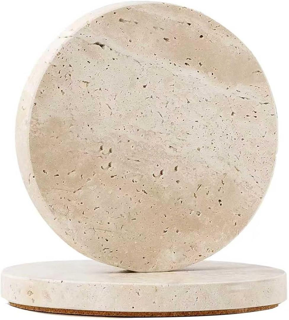 Travertine Stone Coasters Set of 2, 4" Natural Stone Desk Coasters for Drinks with 3mm Wooden Cork Backing, Durable Non-Slip Cup Mats, Table Protection for Coffee, Kitchen, Bar, Wedding