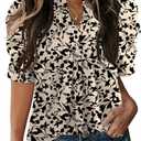 Women's Puff Short Sleeve Shirt V Neck Summer Tops Casual Fashion T Shirts Loose Fit Blouses (Apricot and Black Floral)