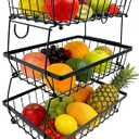 3 Tier Fruit Basket for Kitchen Counter, Large Fruit Holder with 2 Banana Hooks, Detachable Metal Fruit Stand with Wooden Handle, Kitchen Storage Cart,Vegetable Basket, Snack Rack