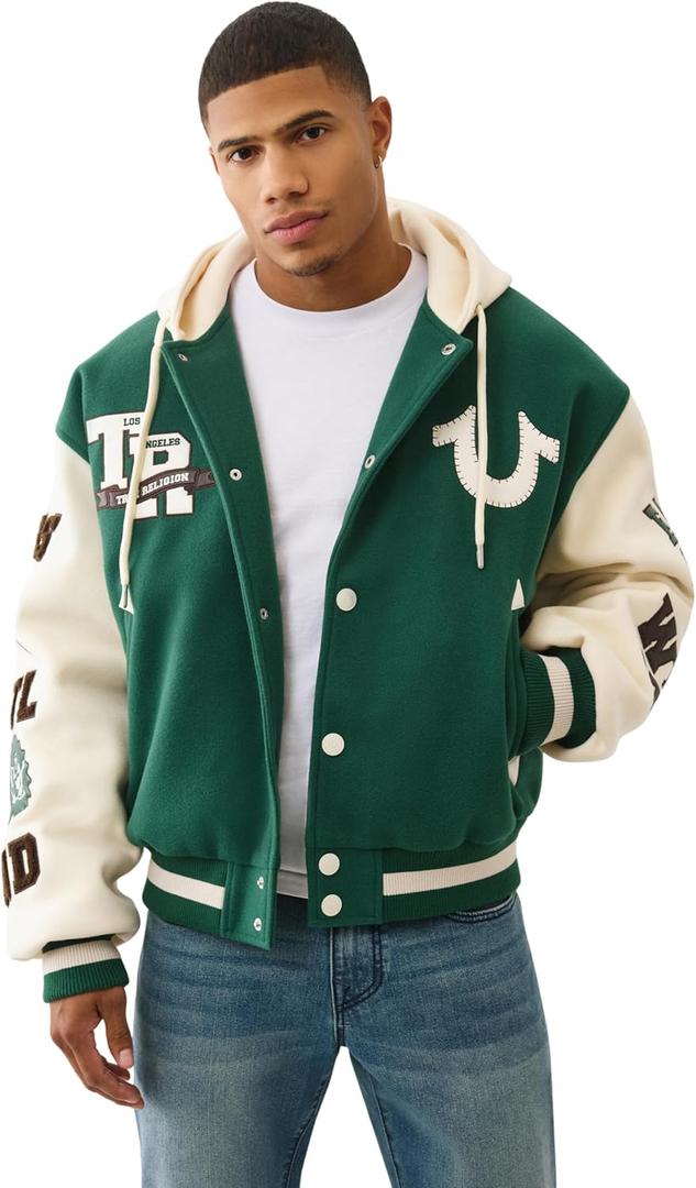 True Religion Men's Retro Wool Varsity Jacket – Classic Letterman Bomber with Logo Patches, XXL