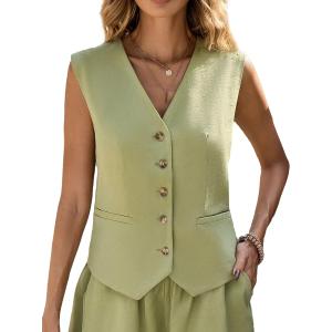 Mina Self Linen Vest Tops For Women Summer Lihtweight Breathable V-Neck Button Fashion Casual Work Beach Vacation Outerwear (Green, XL)