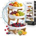 3 Tier large fruit bowl for Kitchen Countertop, Plastic Fruit Holder Rack with Bamboo Wood Stand,Tiered Fruit Stand, Fruit Basket for Kitchen Counter|Snack Organizer, Fruit Storage bowls