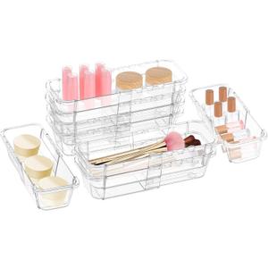 8 Pcs Medium Extendable Clear Drawer Organizer, All Adjustable Vanity Storage Box, 2-Size Desk Drawer Organizer, Acrylic Storage Bins for Makeup, Cosmetic, Bedroom Dressers Tool Organizer for Gadgets
