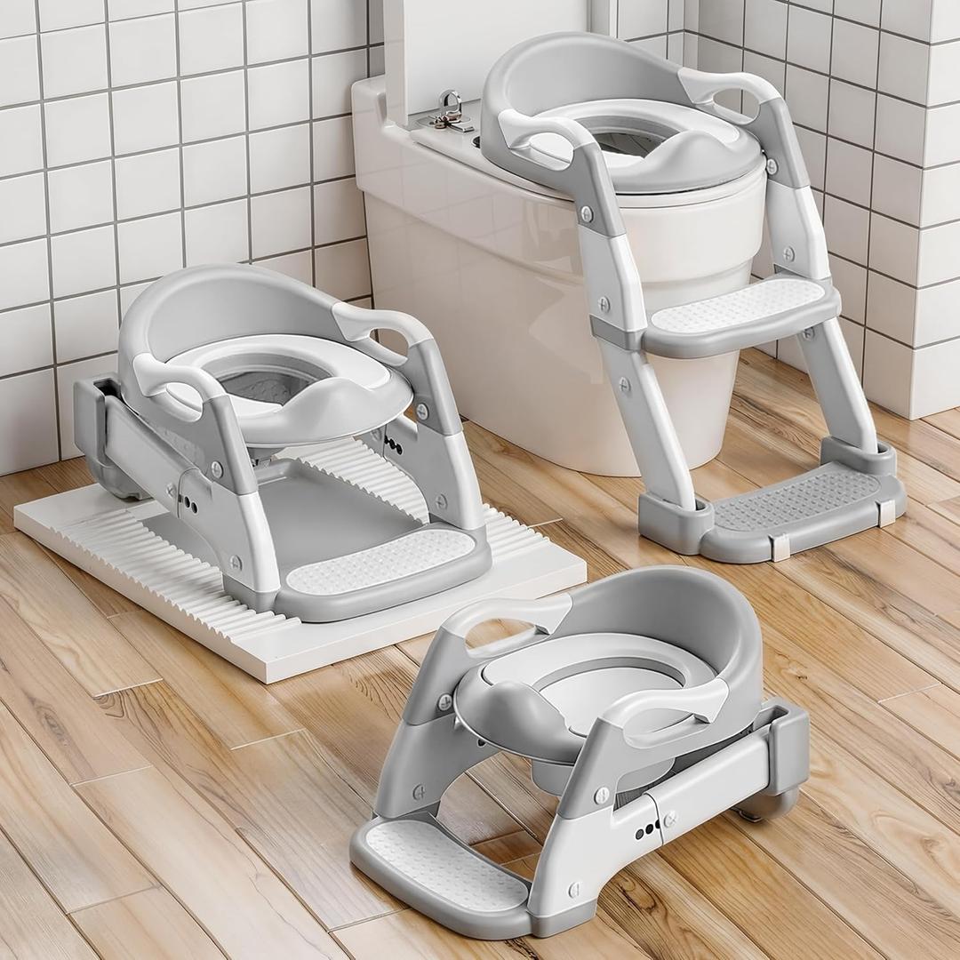 Snugzy Potty Training Seat Toddler 3-in-1 Foldable Potty Training Toilet with Step Stool Adjustable Potty Chair with Urinals (Grey)