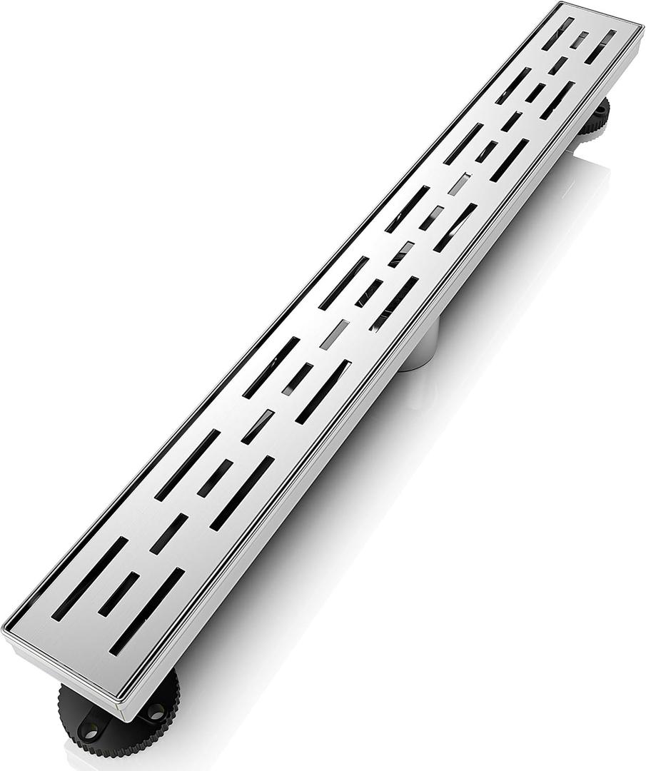 WEBANG 24 Inch Linear Shower Drain Rectangular Floor Drain with Accessories Rainline Pattern Cover Grate Removable SUS304 Stainless Steel CUPC Certified Brushed