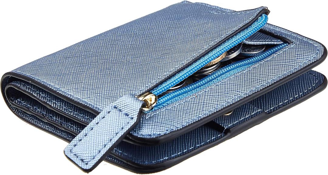 Toughergun Womens Small Slim Leather Wallet with RFID Protection, Compact Bifold Mini Purse with Clear ID Window (CH Blue Gold)