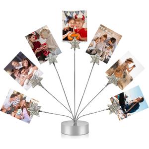 7-Branch Family Desktop Photo Tree Holder Clip Round Base, Card Picture and Memo Desk Frame Display Stand for Wedding Party Christmas Photo Clip Holder Table Numbers (Stars)
