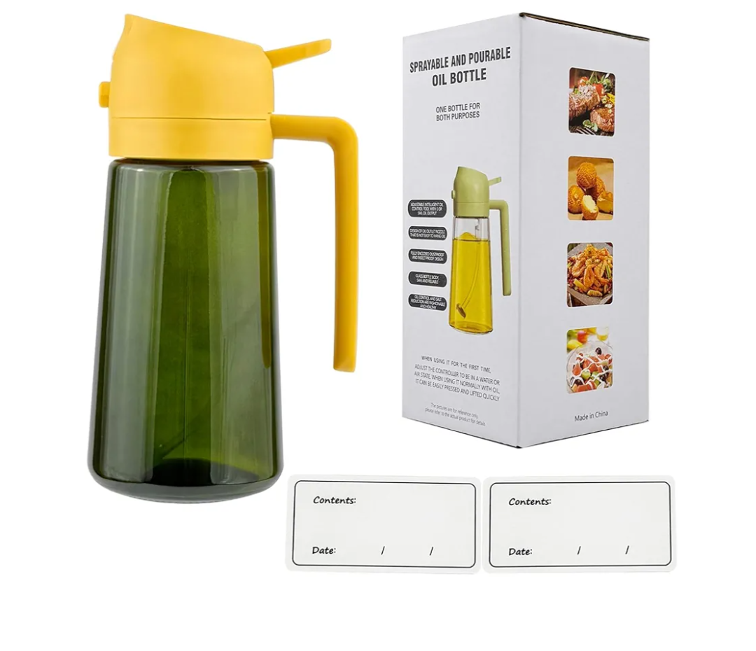 Oil Spray Bottle Dispenser for Kitchen Cooking, 470ml 16oz 2 in 1 Olive Oil Mister with 2 Waterproof Stickers for Kitchen Gadgets, Air Fryer, Salad, Frying, BBQ -Yellow Lid + Green Bottle