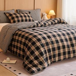 100% Cotton Comforter Set King Size Reversible Yarn-Dyed Checkered Design, Soft Washed Cotton on Both Sides, Lightweight All-Season Bedding, Machine Washable(Black Red Plaid, 104x90)