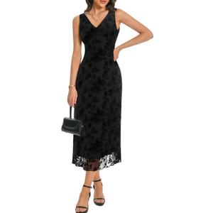 Women's Sexy V Neck Sleeveless Mesh Maxi Dresses Summer Casual Elegant Long Floral Dress Wedding Guest Cocktail Party (Black)