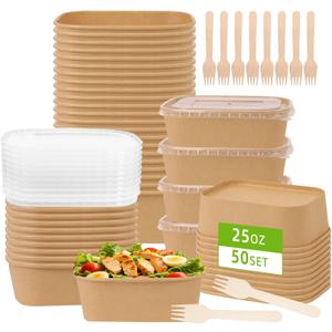 50 Pack 25 oz Paper Food Containers with Lids, Meal Prep Containers Disposable Large Paper Bowls, Microwavable and Freezer Storage Use Cardboard Food Containers (Brown)